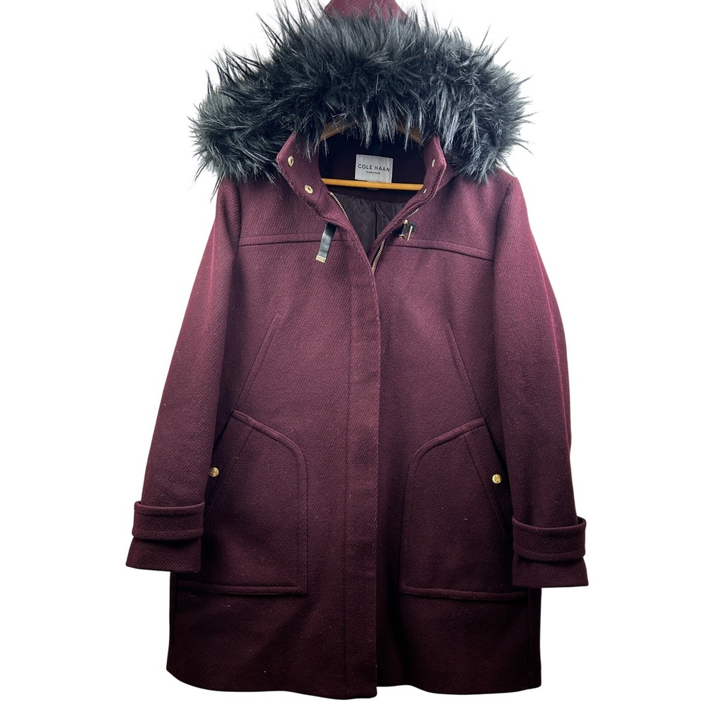 Cole Haan Signature Wool Twill Duffle Coat Women 14 Burgundy Faux Fur Hood